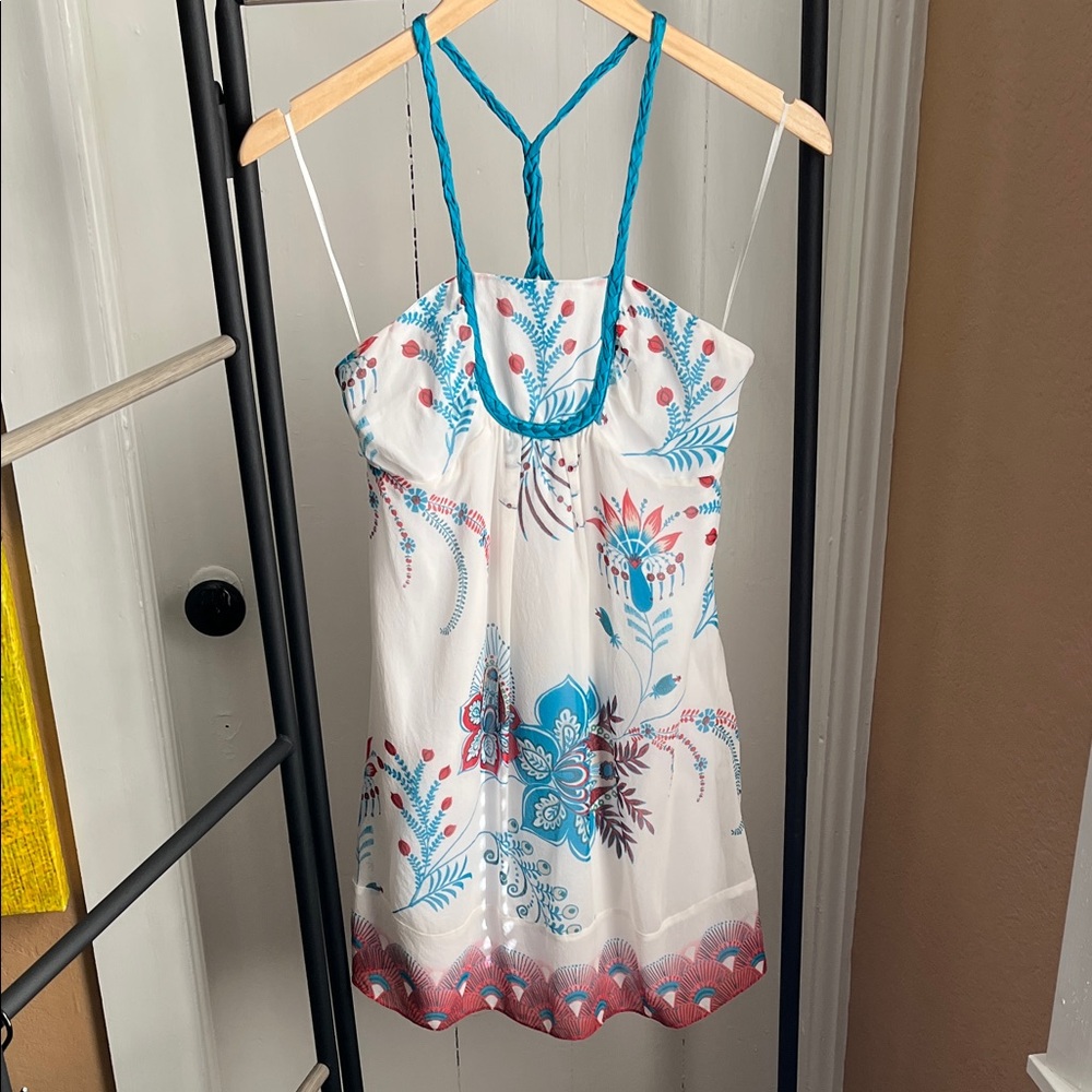 Guess Jeans White with Floral print and Turquoise Straps Women’s Dress